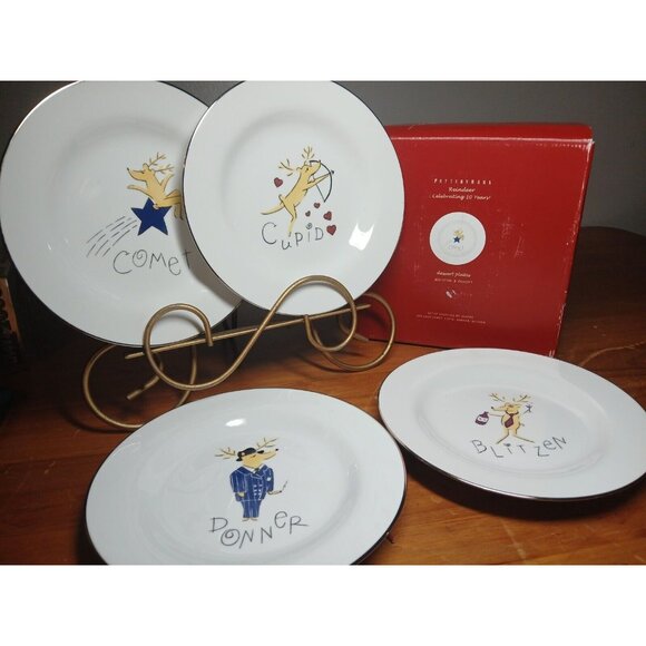 Pottery Barn Other - Set Of 4 Pottery Barn REINDEER Salad/Dessert Plates Comet Cupid Donner Christmas